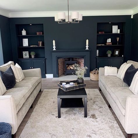 A striking formal lounge with a dark blue painted walls and fireplace. The perfect place to relax. In the home of @our_cheshire_country_home on Instagram. Ideas, Boho, Home Décor, Living Room Designs, Living Room Decor Cozy, Living Room Decor Colors, Living Room Decor Apartment, Living Room Decor, Living Room Decor Fireplace