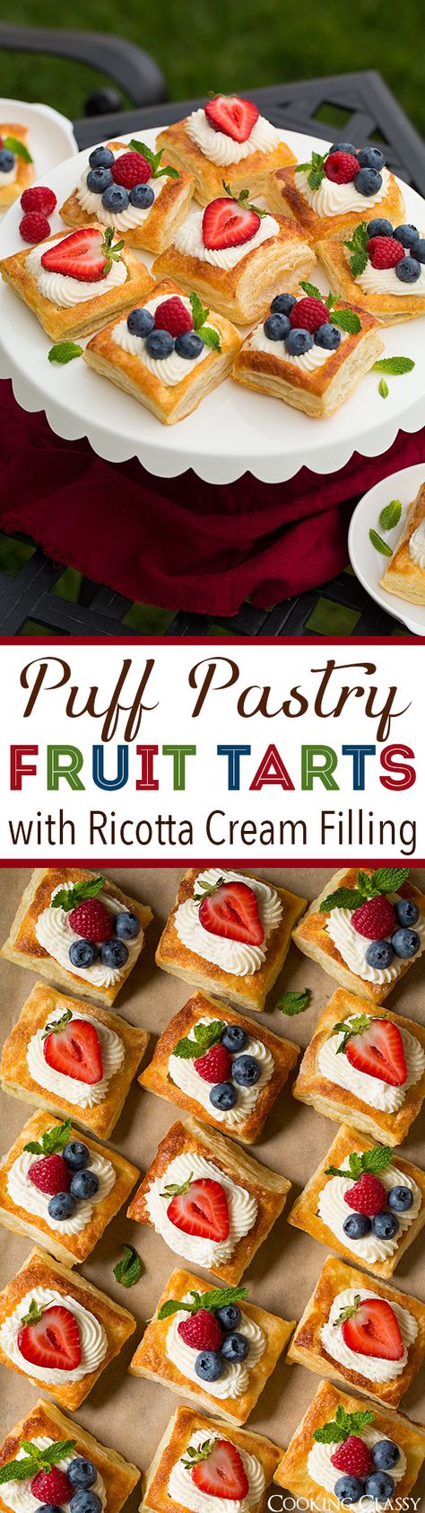 Puff Pastry Fruit Tarts with Ricotta Cream Filling - one of the BEST summer desserts! Oh so flaky pastry, rich creamy ricotta filling, and sweet fresh fruit. Can't wait to make them again!! Cake, Pie, Desserts, Pasta, Dessert, Patisserie, Puff Pastry, Puff Pastries, Puff Pastry Recipes