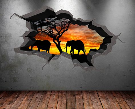Childrens Wall Decals, Elephant Wall Decals, 3d Wall Decals, Cracked Wall, Graphic Wall Art, Animal Wall Decals, Image 3d, Wall Stickers Bedroom, Seni 3d