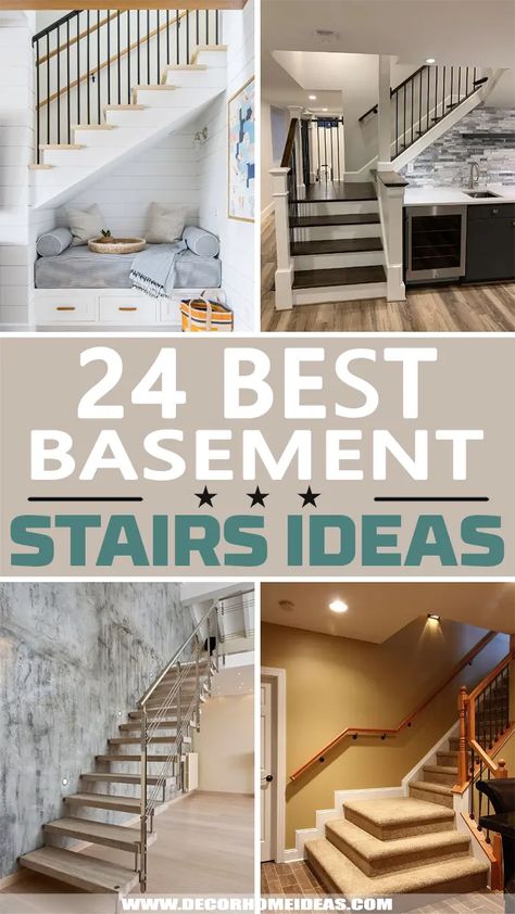 Best Basement Stairs Ideas. Take your basement stairs to the next level with these creative ideas and designs. #decorhomeideas Caves, Design, Colonial, Basement Stairs Remodel, Basement Stairs In Middle Of Room, Basement Stairs Ideas, Basement Floor Plans, Finished Basement Designs, Basement Stairwell Ideas