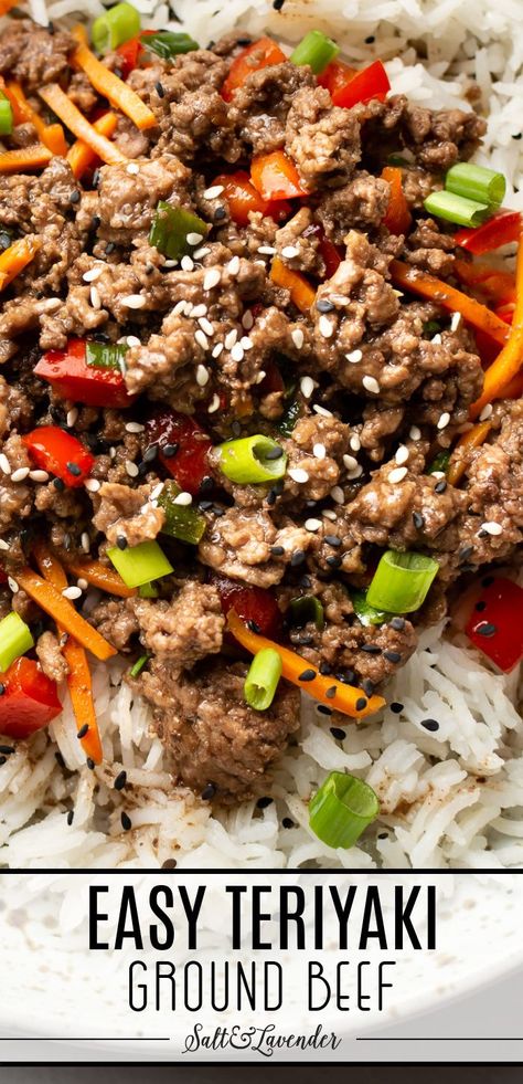 closeup of a rice bowl with text overlay that reads easy teriyaki ground beef Stir Fry, Ground Beef Recipes, Healthy Recipes, Kos, Teriyaki Beef Bowl Recipe, Teriyaki Beef, Ground Beef Rice, Ground Beef Recipes For Dinner, Ground Beef Recipes Easy