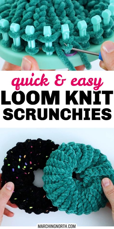 Learn how to make these quick and easy loom knit scrunchies in this step by step tutorial, free pattern and video! They make great last minute gifts and are easy on your hair if you use chenille yarn like I did in this pattern! | loom knitting for beginners | free loom knitting patterns | how to loom knit | DIY knitted scrunchies Diy, Crochet, Loom Knit, Loom Knitting For Beginners, Loom Knitting Stitches, Sock Loom Patterns, Loom Knitting Projects, Loom Knitting Scarf, Loom Yarn