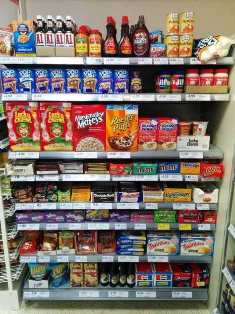 A user from the UK posted this photo on Reddit of the “American foods” section at his local food store. | Here's What The "American Food" Section Of A UK Grocery Store Looks Like Snacks, Food Styling, Local Food Store, Food Store, American Food, Local Food, American Snacks, Grocery Store, Grocery Foods