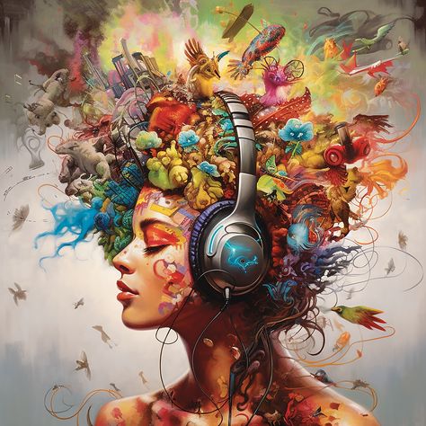 This art and corresponding merchandise is available at Zazzle. An abstract digital painting of a woman listening to music that surrounds her. abstract, digital painting, woman, music, listening, headphones, sound, audio, abstract art, digital art, digital illustration, music lover, musical, immersive, surround sound, vibrant, colorful, audio waves, melodic, rhythm, harmony, abstract expressionism, artistic, creativity, emotion, atmospheric, surreal, dreamlike, ethereal, contemporary Art, Music Artwork, Music Illustration, Music Art, Music Painting, Headphones Art, Rhythm Art, Art Music, Music Aesthetic
