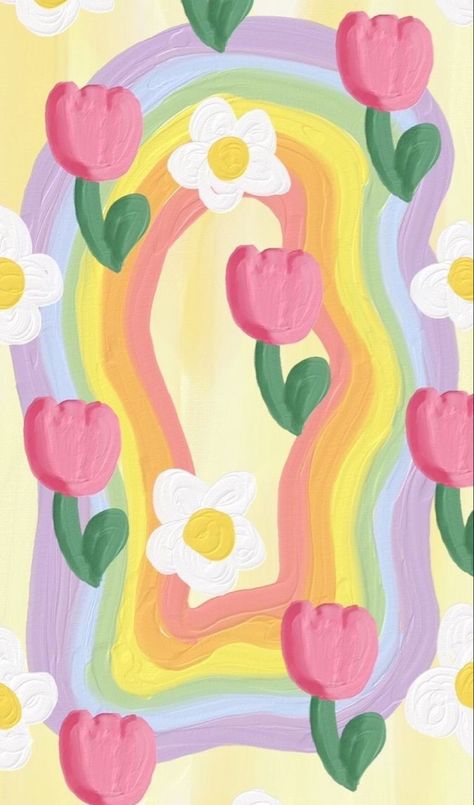 a danish pastel wallpaper that has a rainbow and flowers <33