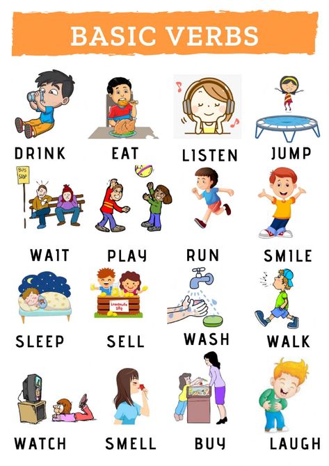 Basic verbs online exercise for grade 3. You can do the exercises online or download the worksheet as pdf. Pre K, Learn English, Learn English Words, Verbs For Kids, Learning English For Kids, Teach English To Kids, English Vocabulary Words Learning, English Lessons For Kids, English Language Learning