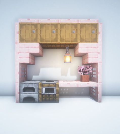 A simple and easy Minecraft build idea for a cherry wood kitchen. Add to your list of Minecraft inspiration today! #minecraft Minecraft Crafts, Minecraft Kitchen Ideas, Easy Minecraft Houses, Minecraft Couch, Kitchen Minecraft, Simple Minecraft Houses, Minecraft Cottage, Minecraft House Tutorials, Minecraft Projects