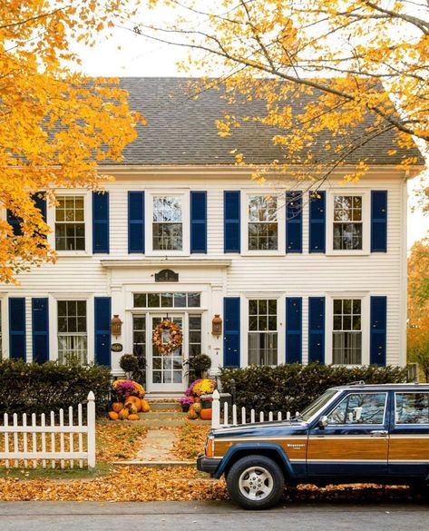 Colonial, Home Décor, Decoration, Houses, Pretty House, Blue Shutters, Dream House, Dream House Exterior, New England Fall