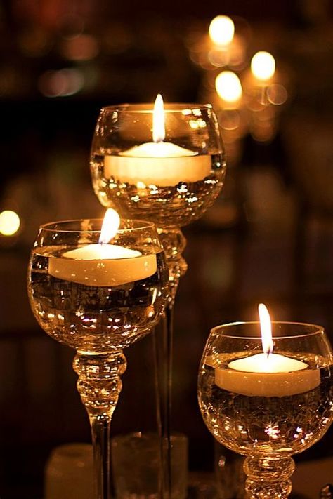 Floating candles in wine glasses dark bokeh night home candles glass beauty design interior dinner Bodas, Jul, Mesa, Boda, Mesas, Manualidades, Romantic, Candels, Bougie