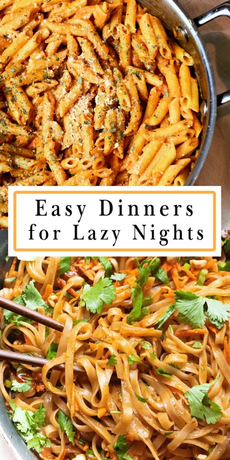 Easy dinner recipes collage image. Two images on top of each other. In the middle is a white box with an orange border on the inside. Inside the border is a title that reads "Easy Dinners for Lazy Nights." Pasta, Dinner Ideas, Slow Cooker, Dinner Recipes, Cheap Dinners, Quick Dinner Recipes, Quick Dinner, Easy Dinner Recipes, Easy Dinner