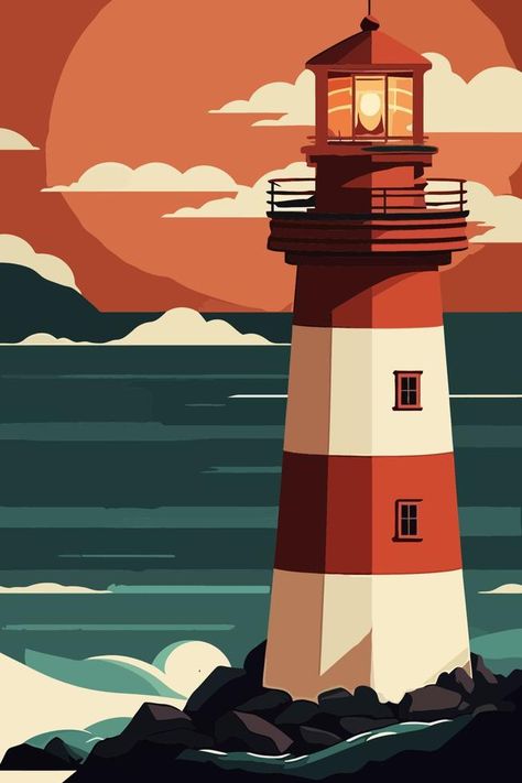 Illustrators, Digital Art, Flat Design, Sea Illustration, Lighthouse Art, Lighthouse Drawing, Lighthouse Painting, Lighthouse, Digital Painting