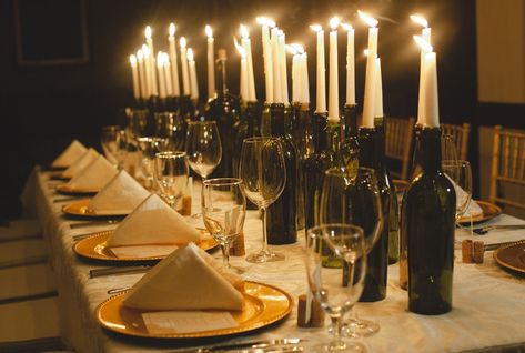 empty wine bottles with candles, one table place at each end of the ceremonial backdrop Decoration, Wines, Wine Bottle Candle Holder, Wine Bottle Candle Centerpiece, Wine Bottle Candles, Bottle Candles, Wine Candles, Wine Bottle Centerpieces, Wine Bottle