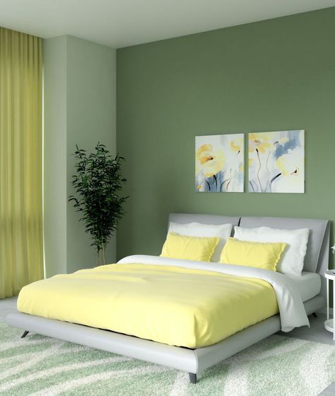 Interior, Home Décor, Teal And Yellow Bedroom, Yellow Bedroom, Room Color Ideas Bedroom, Bedroom Color Combination, Green Accent Walls, Room Color Combination, Room Colors