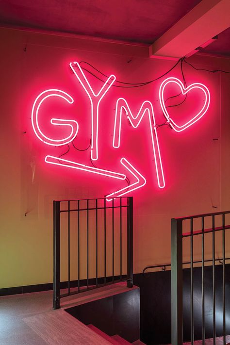 A custom neon sign points the way to the basement gym. Florence Italy, Instagram, Studio, Neon, Design, Interior Design, Inspo Board, Mood Board Inspiration, Interior Design Vision Board