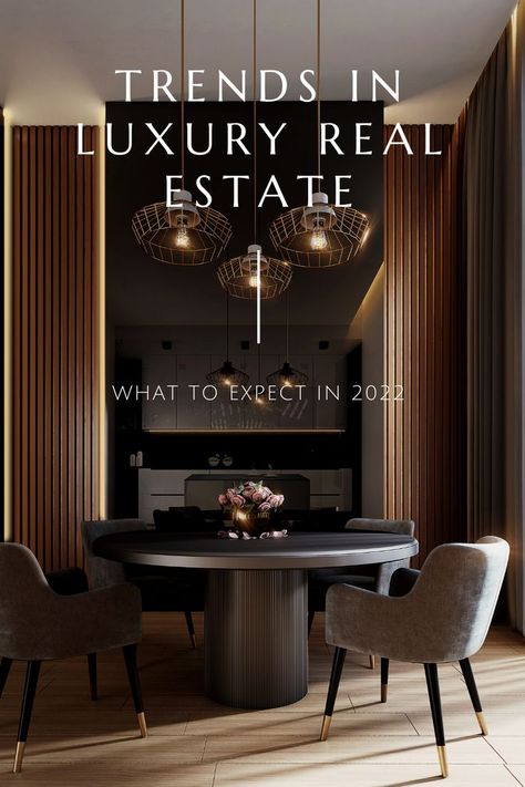 A luxury dining room with sleek decor that shows what to expect in luxury real estate trends for 2022 Instagram, Design, Interieur, Luxury Marketing, Luxury Homes, Luxury Real Estate Agent, Luxury Advertising, Luxury Real Estate, Real Estate Office