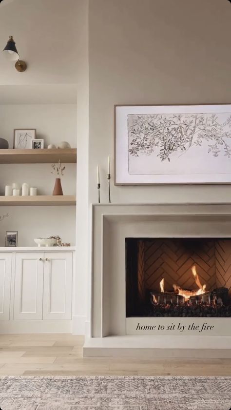 Home Décor, Home, Fireplace With Sconces, Fireplace Surrounds, Transitional Fireplaces, Grey Fireplace, Fireplace Mantle, Fireplace With Built Ins, Off Center Fireplace