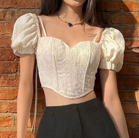 Crop Tops, Crop Top Outfits, Casual, Outfits, Tops, Puff Sleeve Crop Top, Short Sleeve Cropped Top, Puff Sleeve Top, Corset Top