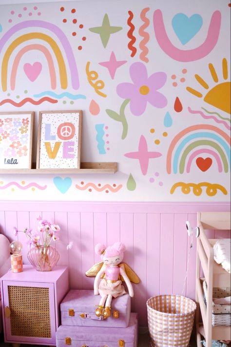 Colorful Kids Bedroom, Colorful Kids Room, Little Girls Room Rainbow, Kids Room Wall Paint, Kid Room Decor, Colourful Kids Bedroom, Kids Room Murals, Colorful Toddler Girl Room, Girls Room Colors
