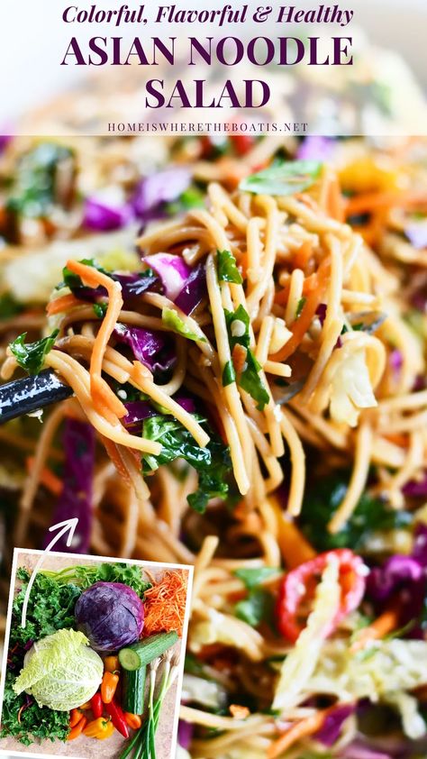 Eat the rainbow in this delicious Asian Noodle Salad. It’s colorful, satisfying, healthy and customizable to your taste! #noodles #salad #veggies #asian #healthy #side #potluck ©homeiswheretheboatis.net Summer, Maya, Lunches, Noodle Salad, Ideas, Pasta, Apps, Noodle Salad Recipes, Asian Cold Noodle Salad
