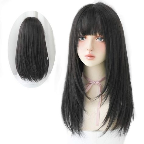 HUAISU Long Black Straight Hair Wig with Bangs Synthetic High Density Long Hair Wig for Women Hair Piece, Wigs With Bangs, Clip In Hair Extensions, Wig Hairstyles, Long Hair Wigs, Synthetic Hair, Hair Pieces, Black Hair Wigs, Long Wigs