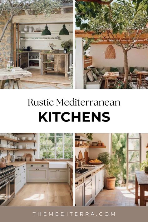 A Rustic Mediterranean kitchen draws inspiration from the warm, sun-drenched colors and textures of the Mediterranean region, blending them with rustic charm to create a welcoming and functional space. Rustic Mediterranean Kitchen, Mediterranean Cottage Kitchen, Mediterranean Farmhouse Decor, Rustic Mediterranean Farmhouse, Mediterranean Kitchen Decor, Mediterranean Kitchen Inspirations, Kitchen Mediterranean, Mediterranean Kitchen Ideas, Mediterranean Kitchen Inspiration