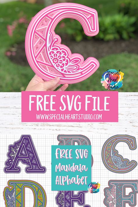 Free SVG files for Cricut, Silhouette, Glowforge, etc. Mandala letters with flowers and geometric shapes. Entire alphabet included. | Free | SVG | layered | Mandala | letters | alphabet Minecraft Mandala, Mandala Letters, Cajas Silhouette Cameo, Alphabet 3d, Layered Mandala, 3d Templates, Cricut Svg Files Free, Projets Cricut, Letters Alphabet
