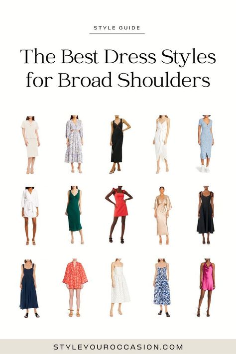 6 best dress styles for broad shoulders. If you’ve been blessed with broad shoulders, shopping for dresses may prove to be a challenge. That’s why we’ve put together the ultimate guide to choosing the right dresses for broad shoulders and inverted triangle body shapes. Click through for 6 chic and flattering dresses for broad shoulders as well as chic outfit inspiration and style tips. Broad shoulder women outfits, how to dress wide shoulders, womens dresses Casual, Ideas, Flattering Dress Styles, Dressing Your Body Type, Flattering Dresses, Dresses For Broad Shoulders, Womens Dresses, Broad Shoulders, Asymmetrical Neckline Dress