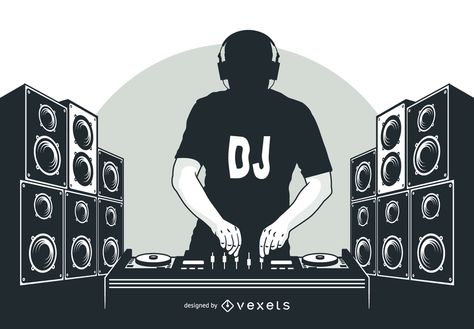 Black and white silhouette style hip hop DJ boy playing with turntable, headphone on the head, t-shirt and lots of large speakers in a row on two separate colum Hip Hop, Graffiti, Drake, Techno, Hip Hop Dj, Disc Jockey, Hip Hop Artwork, Dj Music, Dj Images