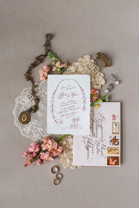 Make your wedding extra special with elegant Philippine-inspired wedding stationery. Featuring hand-made paper, calligraphy, and vintage stamps for a vintage touch. Keywords: Philippine wedding, vow renewal, vintage, old-world, handmade paper, calligraphy, vintage stamps, wedding stationery, wedding invitation ideas. Wedding Invitations, Ideas, Wedding Stationery, Vintage, Invitations, Wedding Invitations Stationery, Custom Wedding Stationery, Bespoke Wedding Invitations, Invitation Kits