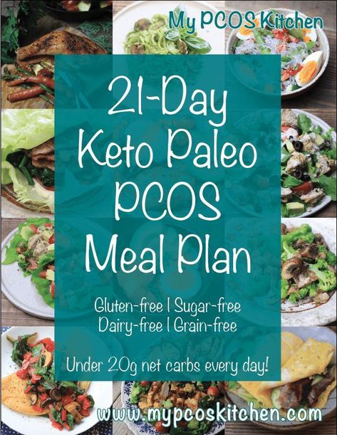 My PCOS Kitchen - 21-Day Keto Paleo PCOS Meal Plan - This is a 21-day meal plan that is completely gluten-free, sugar-free, dairy-free, grain-free, and low-carb.  There is a picture for every meal, nutritional information for every meal and every day, a snacks list, a grocery list and an introductory page. #ketomealplan #lowcarbmealplan #pcosmealplan #ketodiet #ketofood #3weeksmealplan #glutenfreemealplan #sugarfreemealplan via @mypcoskitchen Paleo, Nutrition, Ketogenic Diet, Keto Diet Plan, Ketogenic Recipes, Keto Diet Recipes, Keto Diet, Dairy Free Keto Recipes, Keto Diet Meal Plan