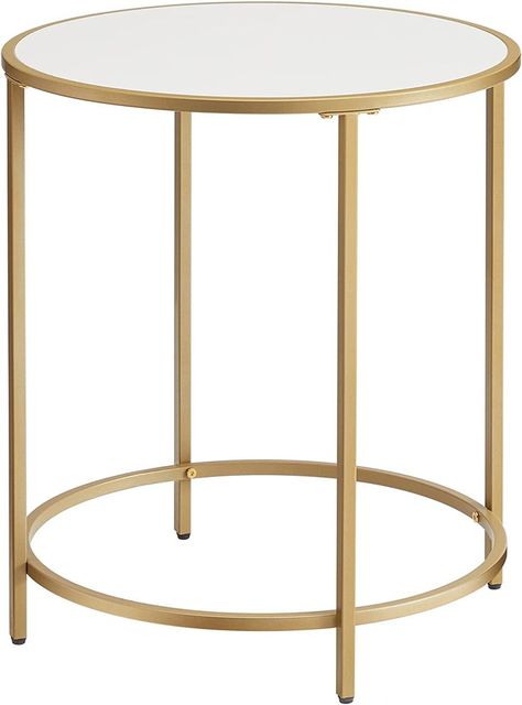 This side table is a real gem to have as its golden frame and white tabletop make it an eye-catcher. No matter where you set it, one thing is for sure: you’ll get plenty of compliments on this circular stunner Gold Bedroom, Glass Decor, Side Tables Bedroom, Gold Nightstand, Side Table, Living Room Side Table, End Tables, Small Tables, Gold Side Table Living Room