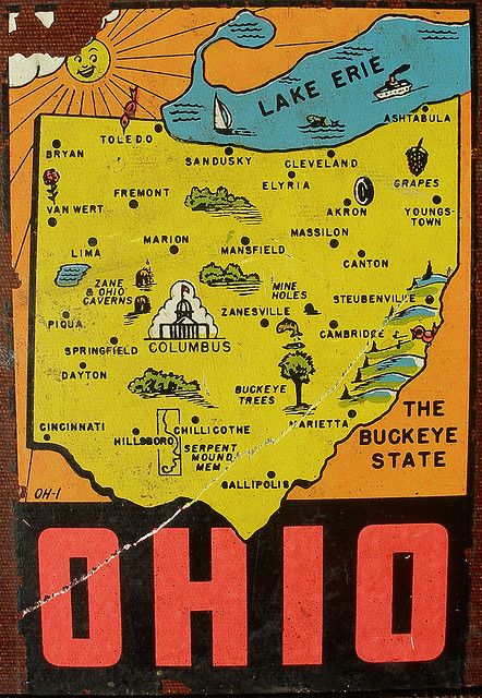 First off, Serpent Mound is in Peebles, not Hillsboro. Secondly, Athens is not listed?! For shame, print maker, for shame. And Columbus needs to skooch to the right just a smidge. Vintage Ohio State, Serpent Mound, Ohio Recipes, Ironton Ohio, Glass City, City Posters, Ohio Buckeyes, Travel Sticker, Ohio Map
