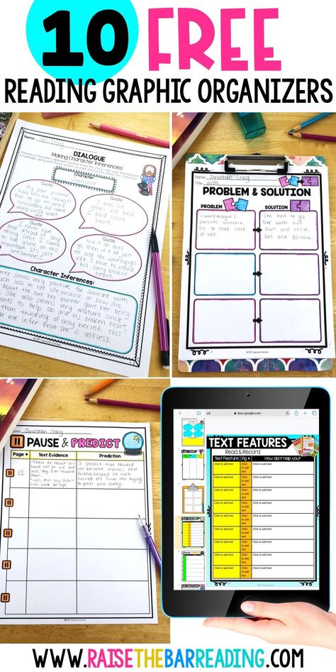 10 Free Reading Graphic Organizers! Cover fiction and nonfiction reading comprehension skills like finding nonfiction text features, analyzing characters, making predictions, problem and solution, setting, KWL Chart, analyzing dialogue in fiction, asking questions and fact finding. Printable reading worksheets and digital Google Slides graphic organizers! English, Reading, Reading Comprehension, 5th Grade Reading, 6th Grade Reading, Ideas, Nonfiction Reading, Free Reading, Reading Intervention