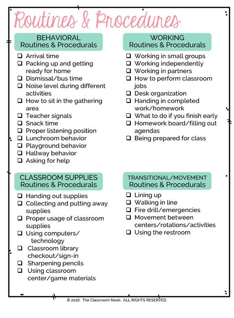 Teaching routines and procedures is essential during the first few weeks of school.  Download the FREE CHECKLIST to make sure you're covering them all! www.classroomnook.com #backtoschool Primary School Education, Organisation, Motivation, Pre K, Classroom Behavior Management, Teaching Strategies, Classroom Routines And Procedures, Classroom Behavior, School Procedures