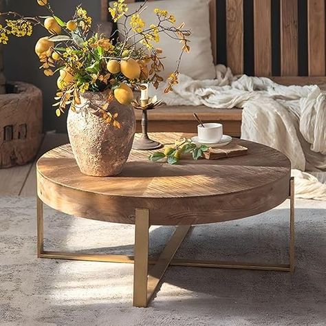Amazon.com: Gexpusm Round Wooden Coffee Table, Solid Wood Coffee Table for Living Room, Mid Century Golden Cross Table Legs and Wood Carved Tabletop, 32.28 X 32.28 X 13.19 in : Home & Kitchen Decoration, Home Goods, Table, Consoles, Gold Coffee Table, Coffee Table Design, Round Coffee Table, Modern Coffee Tables, Round Coffee Table Modern