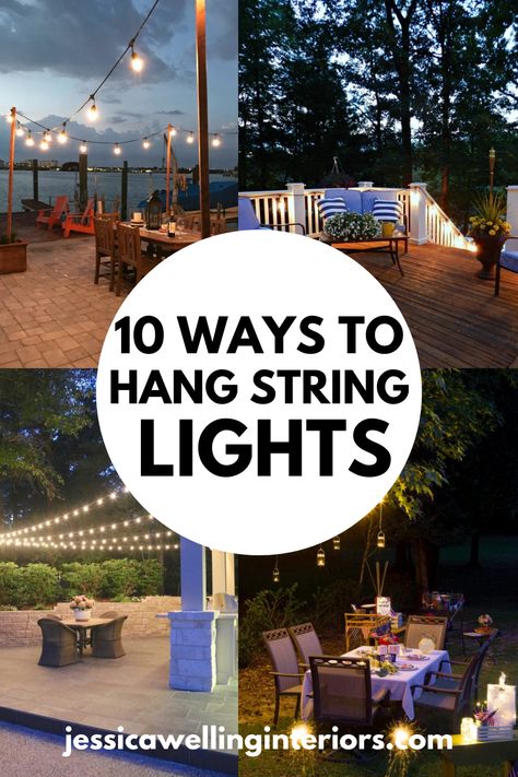 Hang string lights in over your patio or deck with these simple step by step tutorials- whether you need to attach them to a building, make your own posts, or hang them from a tree, we've got you covered! Outdoor string lights are wildly popular, and for good reason! They feel magical and bring a warm, intimate ambiance to any party or outdoor living space. Inexpensive, simple for the average person to DIY, relatively easy to put up and take down with the seasons, and the list goes on. Gardening, Porches, Decks, Exterior, How To Hang Patio Lights, Outdoor String Lights Backyard, String Lights Outdoor Diy, Outdoor String Lights Patio, String Lights Deck Ideas