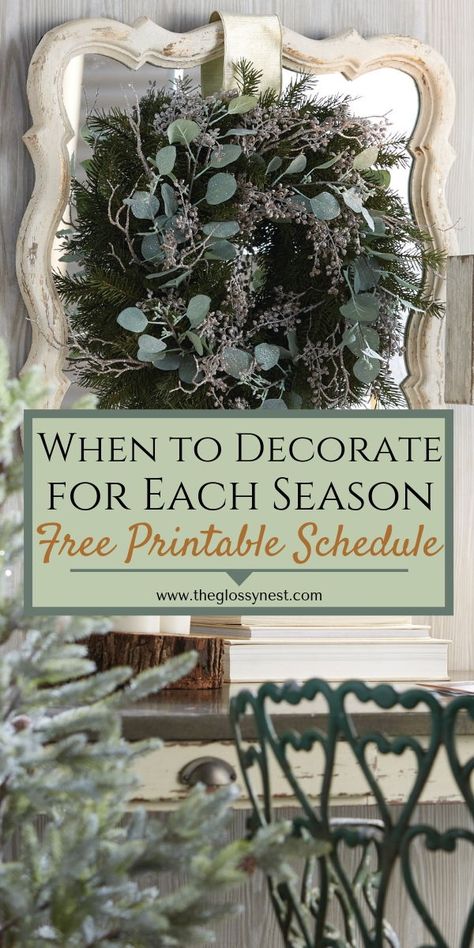 Remembering when to decorate your house for the different seasons & holidays is simple with this free printable seasonal decor schedule.  The perfect home decorating calendar for fall, spring, summer, winter, autumn, Christmas, Halloween, 4th of July, Valentine’s Day & more.  Includes ideas for rotating and changing out decorations for transition months like January & February as well. #seasonaldecor, #schedule, #calendar, #holidaydecor, #freeprintable Home Décor, Interior, Decoration, Halloween, Inspiration, Diy, January Decorating Ideas House, Seasonal Home Decor, Seasonal Decor