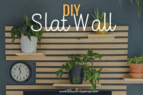 Are you looking for a simple wall feature that also adds storage? A Slat Wall with shelves may be just the project for you! Design, Interior, Wood Slat Wall, Slatted Shelves, Wood Slats, Wooden Slats, Wood Wall Shelf, Diy Shelves, Wall Storage