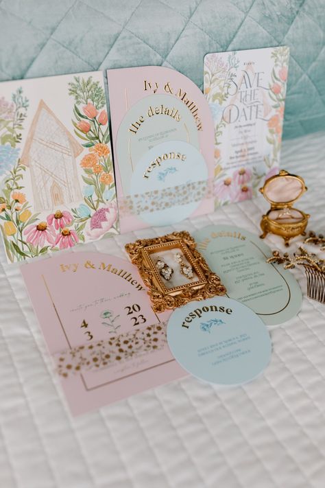 A Pastel Garden Party Destination Wedding With a Ceremony In a Glass Chapel Pastel, Invitations, Floral, Pastel Wedding Stationery, Floral Wedding Stationery, Garden Party Wedding, Watters Wedding, Pastel Wedding Invitations, Floral Wedding Invitations