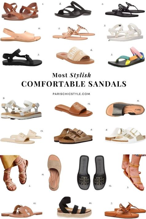 Most comfortable sandals for women for walking, travel. Best stylish sandals for travel Teva, Tory Burch, French sandals Sezane, Birkenstock, Crocs, Timberland, Chloe, French Sole. From Steve Madden sandals, inspired by the streets of New York, captures the latest in streetwear to create a collection that has taken the fashion world by storm. Tory Burch is reinventing the designer sandal with timeless silhouettes & genuine materials. #parischicstyle #parisianstyle #fashion #travel #sandals Wimbledon, Comfortable Walking Sandals, Comfortable Sandals, Most Comfortable Sandals, How To Style Teva Sandals, Teva Sandals, Best Walking Sandals, Comfortable Leather Sandals, Teva Sandals Outfit