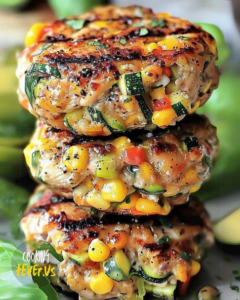 Chicken, Zucchini and Fresh Corn Burgers Chicken Zucchini Fresh Corn Burgers, Chicken Corn Zucchini Burgers, Low Meat Recipes, One Pan Chicken With Charred Corn And Zucchini, Zucchini Corn Cakes, Mini Zucchini Burgers, Chicken Zucchini And Corn Burgers, Chicken Veggie Burgers, Ground Chicken Zucchini Burgers