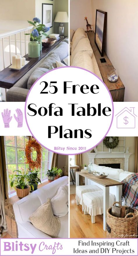 25 DIY Sofa Table Plans to Build your own Behind Couch Table Sofas, Ikea, Sofa Table With Storage, Diy Sofa Table, Narrow Sofa Table, Built In Sofa, Couch Table Diy, Console Table Behind Sofa, Couch Table