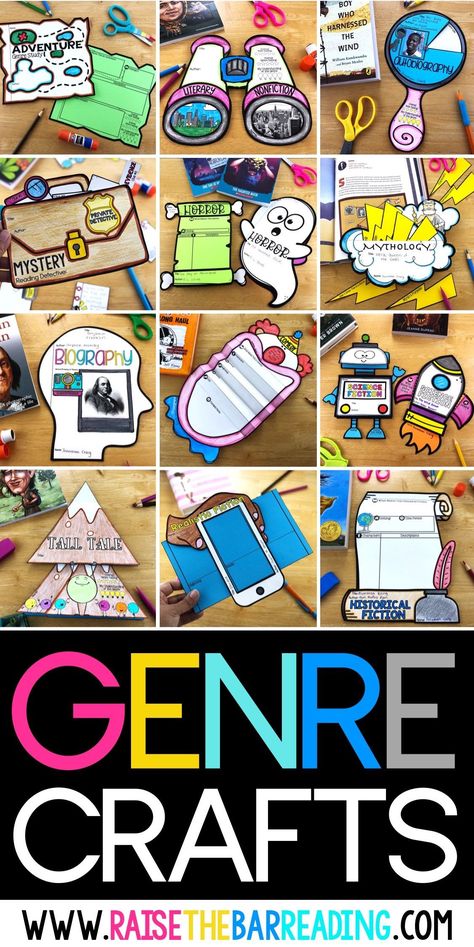 Teaching blog post on using genre crafts to teach genres in the upper elementary classroom English, Pre K, Library Lesson Plans Elementary, Elementary Library Activities, Elementary School Library Activities, Library Lesson Plans, Teaching Genre, Genre Activities, 3rd Grade Writing