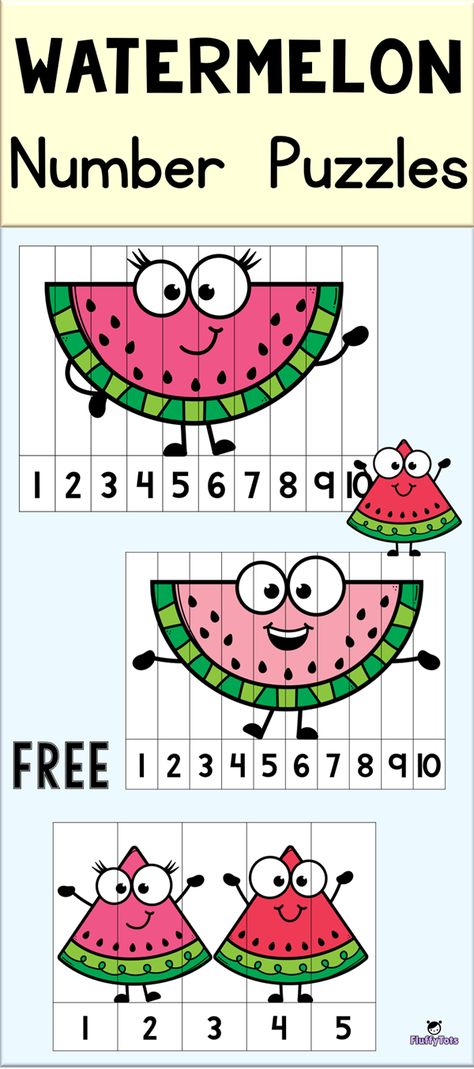 FREE Watermelon Number Puzzle Games | These dancing and smiling watermelons would definitely excites your kids to do counting!   Grab this freebie for your Preschool, PreK and Kindergarten.Perfect for students to learn counting numbers from 1-5 and from 1-10.   #SummerPreschool #PreschoolMath #LearningNumbers #PreschoolActivities #KidsLearning #Preschool #PreschoolThemes #mathcenter #kindergarten #homeschooling #math #counting Pre K, Puzzles, Number Puzzle Games, Numbers Preschool, Number Puzzles, Preschool Math Centers, Math Activities Preschool, Counting Numbers, Preschool Activities