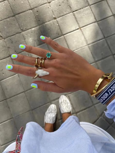 Embrace warm vibes with these trendy summer nail designs! Perfect for 2024, these short nail ideas showcase the latest colors and styles for a chic look. We love these short baby blue and neon green nails, for example! Neon, Design, Casual Nails, Trendy Nails, Ongles, Pretty Nails, Swag Nails, Nail Inspo, Nails Inspiration