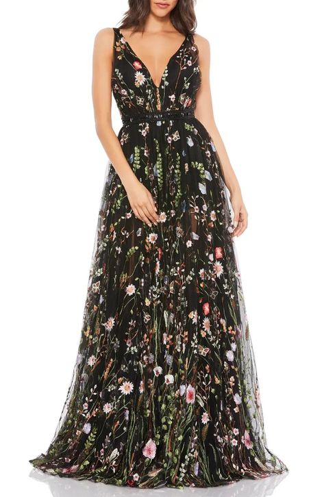 32 Gorgeous Black Wedding Dresses We're Obsessed With Haute Couture, Gowns, Mac Duggal, Evening Gowns, Floral, Dresses, Couture, Tulle Gown, A Line Gown