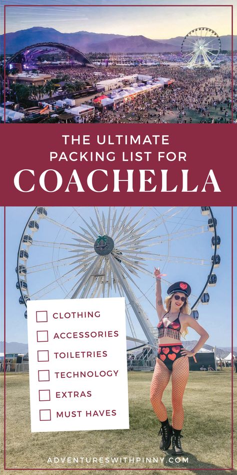 This ultimate packing list guide for Coachella will cover everything you need to survive the festival – including what you will need before and during the festival, explanations and tips about each item, what to wear, and much more. Travel Destinations, Travelling Tips, Las Vegas, Coachella, Top Travel Destinations, Ultimate Packing List, Travel Size Products, Packing List, Travel Usa