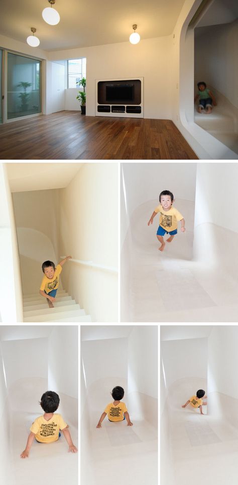 This indoor slide connects the three levels of this house and has a flat middle section to make it easy to get off on the second floor if that's where you want to go. Design, Indoor, Interior, Indoor Slides, Inside Home, Home Remodeling, Basement Remodeling, House Stairs, Wooden Staircases