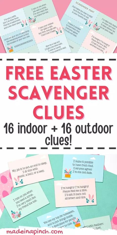 These free printable Easter scavenger hunt cards include 16 unique Easter scavenger hunt clues to create an EPIC hunt that your kids will talk about for years to come! Just print out the Easter scavenger hunt riddles and hide them around the house. Let the hunt begin! When my kids were really little, we did simple Easter egg hunts – you know, the open-ended free-for-all that many people do. | @made_in_a_pinch Easter Scavenger Hunt Clues, Easter Egg Scavenger Hunt Clues, Easter Scavenger Hunt Riddles, Easter Scavenger Hunt, Easter Egg Scavenger Hunt, Scavenger Hunt For Kids, Outdoor Scavenger Hunt Clues, Scavenger Hunt Clues, Egg Hunt Clues