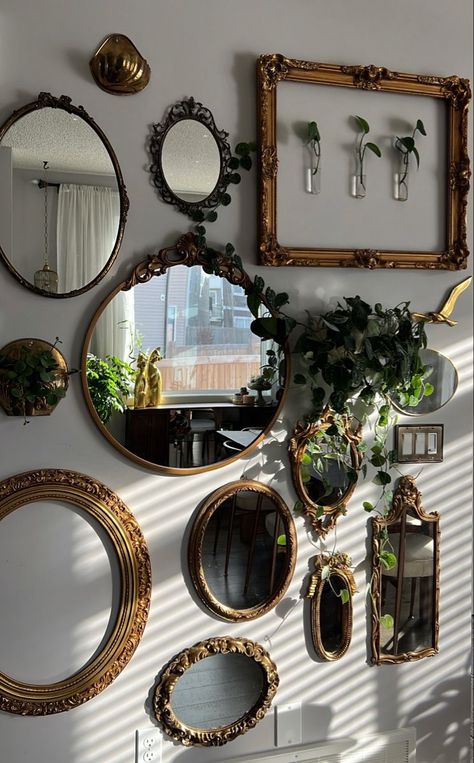 Almost done this projectall items were thrifted Home Décor, Interior, Vintage Mirror Wall Decor, Mirror Wall Decor, Mirror Gallery Wall, Mirror Gallery Wall Ideas, Antique Bedroom Decor, Wall Decor Living Room, Eclectic Wall Decor
